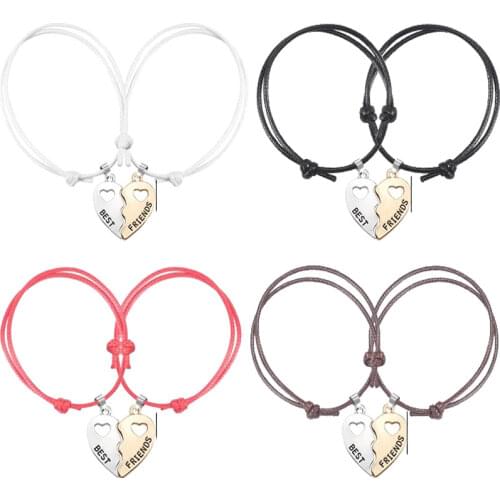 Fashion New Best Friend Heart-shaped Stitching Alloy Pendant Adjustable Leather Cord Braided Bracelet Couple Charm Jewelry Gift