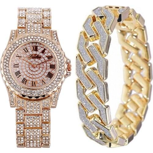 Male And Female Hip-Hop Punk Watch Set Diamond Steel Band Watch + Chain Diamond Bracelet Couple Gift Watches