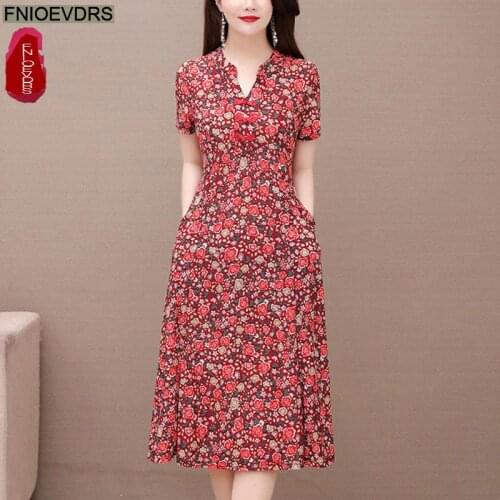 New Arrival Autumn 2021 European American Style Women Vintage Fashion Plus Size L-5xl Red Blue Printing V Neck Slim Dress 8144