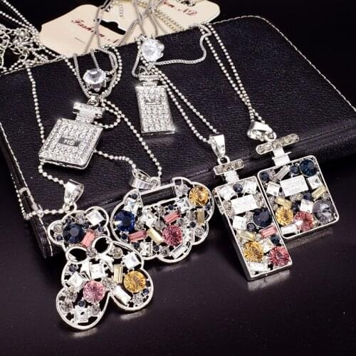 New Design Colorful Rhinestone Long Necklace Pendant Perfume Bottle Necklace For Women Exquisite Jewelry Sweater chain Nc044