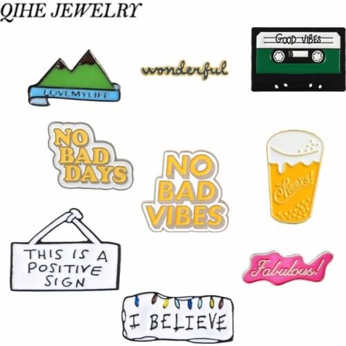 QIHE JEWELRY Inspirational Pins Collection Good Vibes Good Days Cheers Wonderful Fabulous Brooches Lapel pins Quote Jewelry