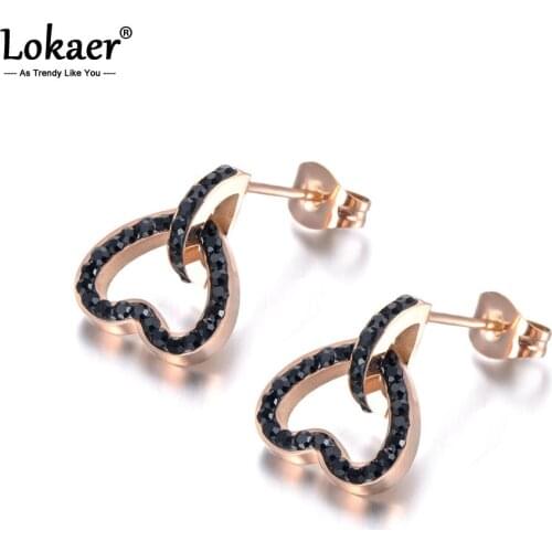 Lokaer Trendy Stainless Steel Mosaic CZ Crystal Heart Wedding Earrings For Women Rose Gold Ear Jewelry Engagement Gift E19071