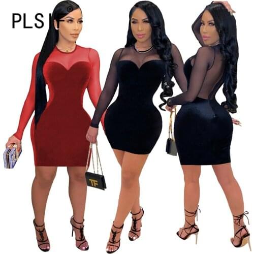 Mesh Patchwork Women Mini Dress O Neck Velvet Sexy Summer Spring Bodycon Dress Vestidos