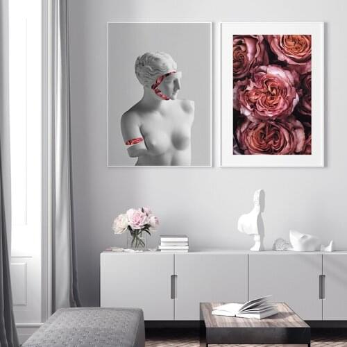 Nordic Canvas Painting Rose Flower Venus Statue Wall Art Poster And Print Decoration Picture Modern Abstract Art For Living Room