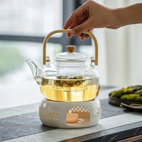 Handle Glass Teapot Heat-Resistant Teapot Flower Tea Kettle Large Clear Fruit Juice Container Ceramic Teapot Holder Base