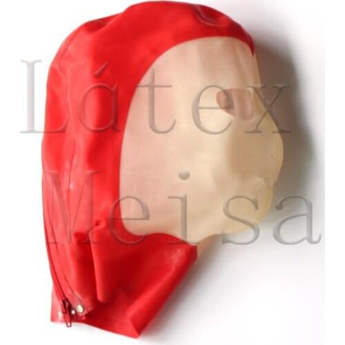 Adults latex hood bdsm open eyes nostrils and mouth main in red and transparent colors with back zip