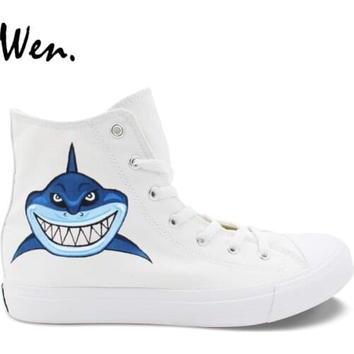 Wen Original Design Hand Painted Shoes Cartoon Shark Dark Blue High Top Women Canvas Gym Shoes Men Sport Sneakers Plimsolls