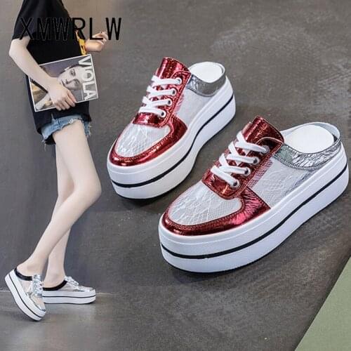 XMWRLW Breathable Mesh Half Shoes Women Summer Slippers Fashion Lace up Shoes 2020 Summer Ladies High Heels Slippers Woman Shoe