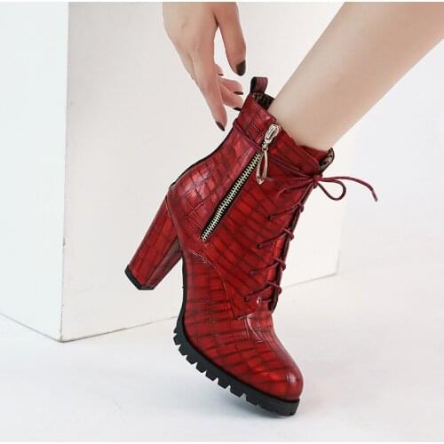 YMECHIC Fashion Artificial Embossed Leather Lace Up High Heels Ankle Biker Boots Women Zipper Black Red Ladies Shoes Autumn 2020