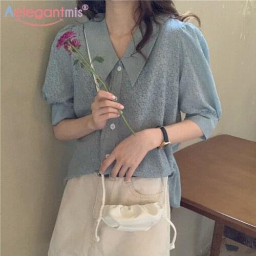 Aelegantmis Printed Women Floral Short Blouses Loose Soft Female Sweet Shirts Oversized Print Tops Mujer Spring 2021 Korean Chic