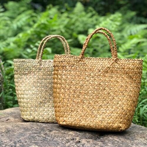 Women Handbag Handmade Summer Straw Bag Wicker Woven Tote Beach Bags Retro Rattan Bag Hand Basket