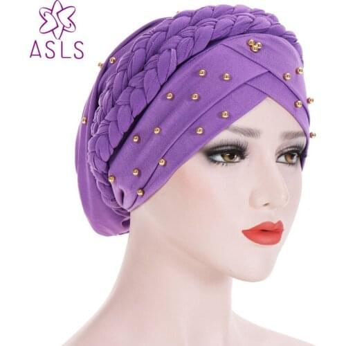 New Spring Fashion Solid Women Muslim Turban Color Cotton Bandanas Beaded Braid Headwraps Women Hair Accessories Free Shipping