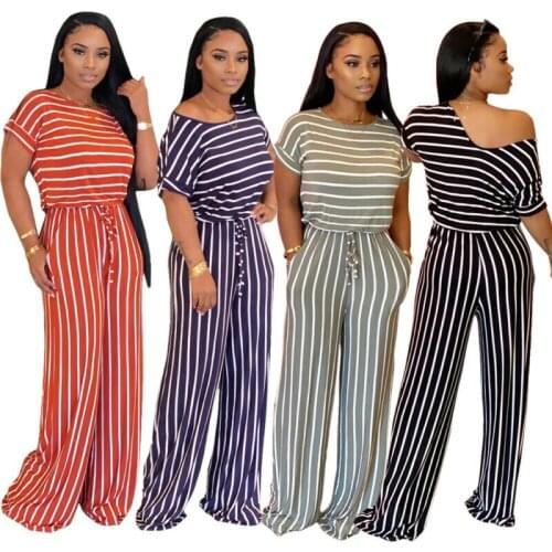 NEW Fashion Women Stripe Print Short Sleeves Casual Loose Long Jumpsuit Summer