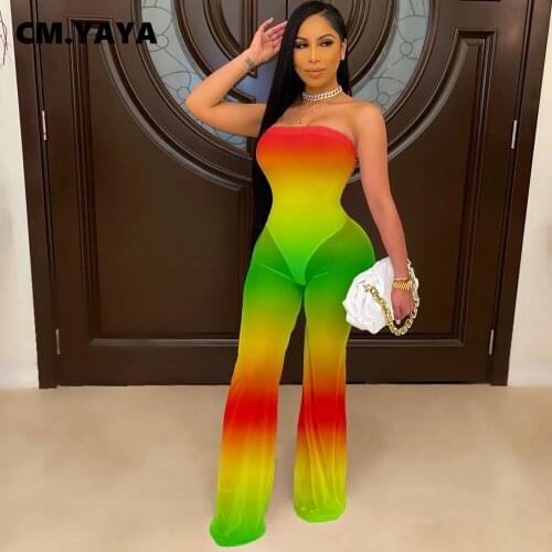 CM.YAYA Women Jumpsuit Gradient Color Mesh See-through Sleeveless Strapless Flare Jumpsuits Sexy Night Club Outfits Summer 2021