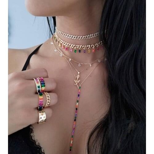 Gold filled cz miami cuban link chain with rainbow baguette cz drop charm Rock hiphop women choker necklace