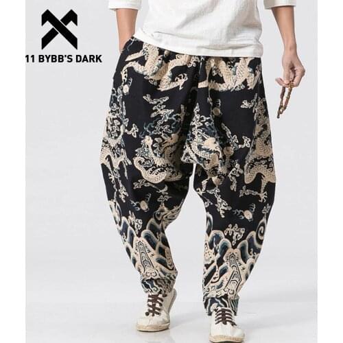 11 BYBBS DARK Dragon 3d Print Wide Leg Linen Casual Pants Male Knickerbockers Harem Joggers Chinese Trousers Us Size M-3XL