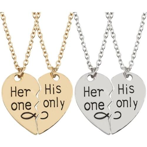 2 Sets Of Fashionable Men And Women Couple Necklaces Lettering His Heart-shaped Pendant Creative Carving Jewelry Gifts