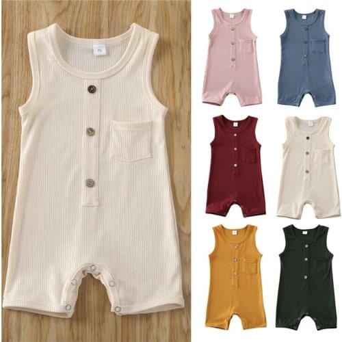 2020 Newborn Baby Boy Girls Clothes Summer Solid sleeveless Single breasted Romper Jumpsuit Outfits Cotton Clothes