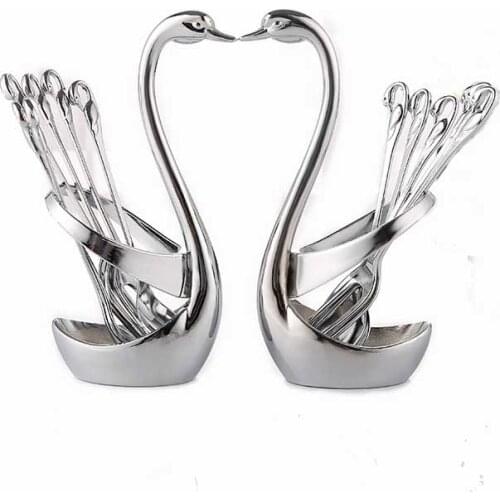 7 Pcs / Flatware Set Swan Fruit Base Holder Forks Set Zinc Alloy Dessert Forks Coffee Spoon Cake Tableware Flatware Dropshipping