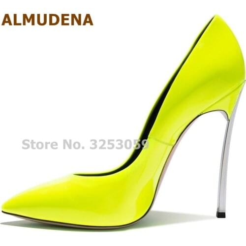 ALMUDENA Charming Fluorescent Color Neon Yellow Pink Metal Heel Banquet Shoes Young Ladies Office Dress Pumps Pointed Toe Heels