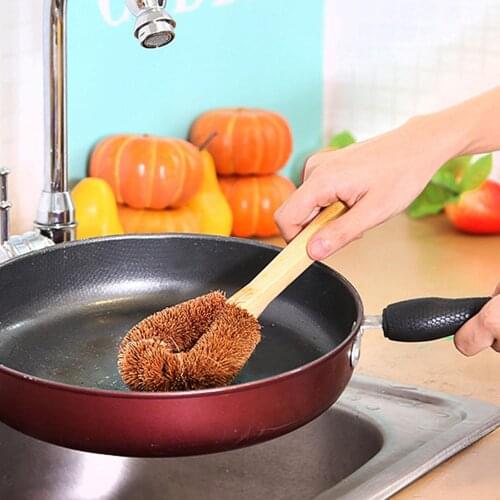 Household Kitchen Natural Coconut Palm Pot Bowl Cleaning Brush with Wood Handle