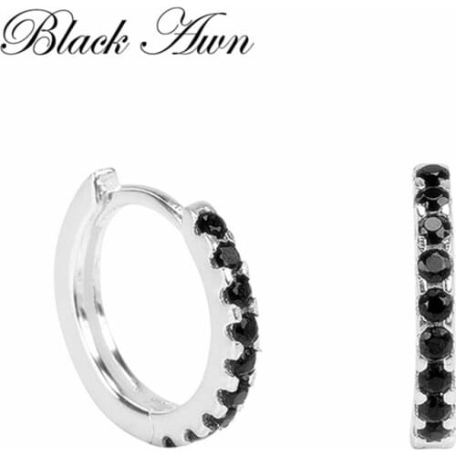 Black Awn Classic 925 Sterling Silver Round Black Trendy Spinel Engagement Hoop Earrings for Women Fine Jewelry Bijoux I163