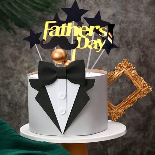 Give Father a Gift Bow Tie DAD Cake Topper Gold Acrylic Fathers Day Happy Birthday Cake Flag Wite Photo Frame Baking Supplies