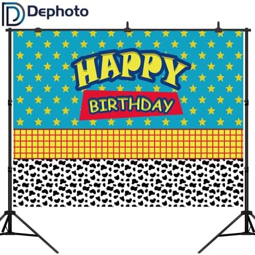 Dephoto Happy Birthday Toy Backdrop Cartoon Story Banner Party Photography Background Newborn Baby Cake Table Decors Photo Booth