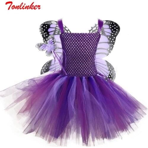 Purple Girl Butterfly Flower Fairy Tutu Costume Wings Magic Wand Sets Girls Kids Halloween Fancy Dress Up Party Dress 2-10 Years