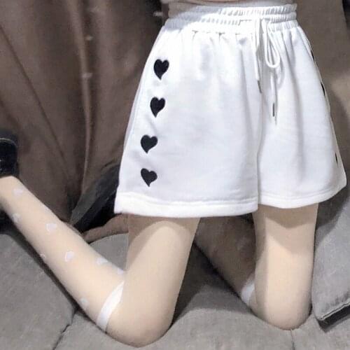 Summer 2021 New Love Embroidery Shorts Girl Japanese Soft Sister Sweet Cute Loose Black White Shorts Casual Sports Cotton Shorts