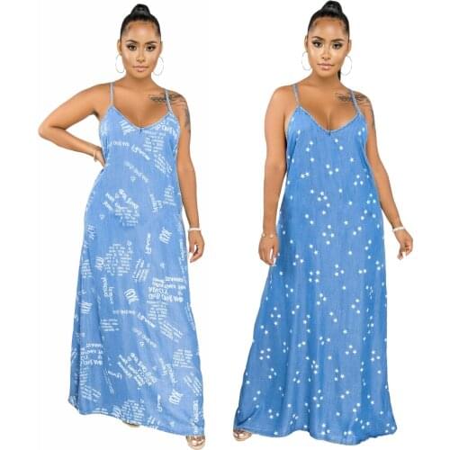 Fashion Loose Blue Denim Dresses Sexy Spaghetti Sling V-neck Split Dresses Leisure Home Letter Printing Casual Outfits 2 Colors