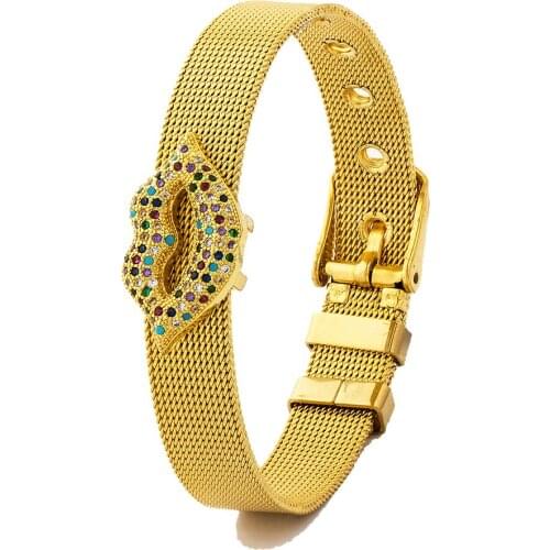 Delicate Tiny Micro Cubic Zirconia Jewelry Sexy Lip Bangle Adjustable Stainless Steel Bracelet For Women Girls Birthday Gift