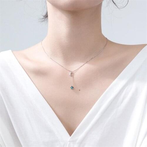 New Arrival Fresh Blue Crystal Star Temperament 925 Sterling Silver Jewelry Full Crystal Curved Moon Exquisite Necklaces H537
