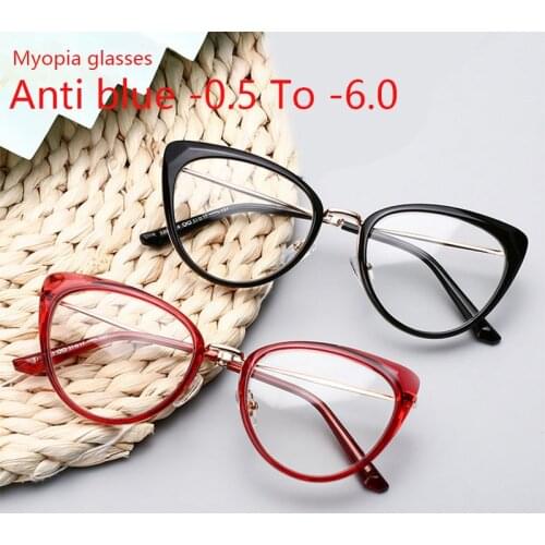 Anti Blue Light Cat Eye Myopia Prescription Spectacle -0.5-1.0 -2.0 To -6.0 Women Reading Glasses Diopter +50 +100 +150 +200