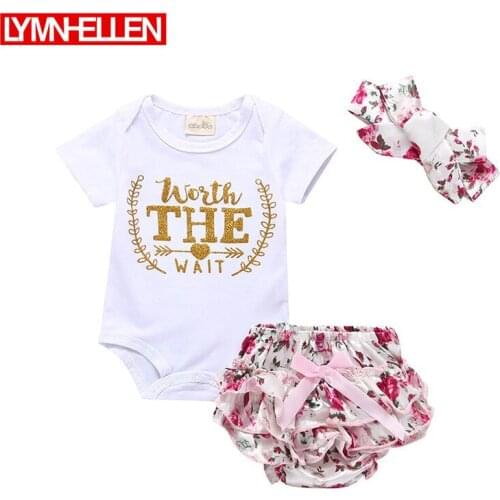 Newborn Clothes Girls Flowery Shorts Gold Letter T-shirt 3-piece Suit Baby Infant Toddler 0-2Y Cotton Pants+Tees Set