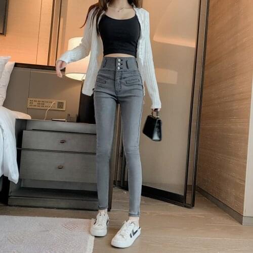 2021 Autumn Winter Plus Velvet Thick Denim Pants Korean Luxury Stretch High Waist trousers Women Jeans Skinny Pencil Pants