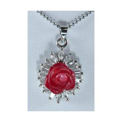 White Gold Plate Inlaid crystal Red Coral carved flowers Pendant Necklace