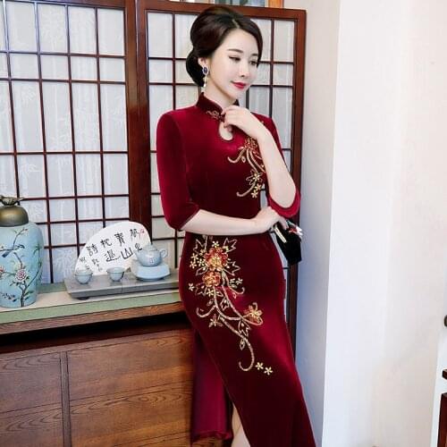 Cheongsam Chinese Style Dress for Women Long Hand Beaded Cheongsam Dress Mother of The Bride Dress High End Chinese Dresses
