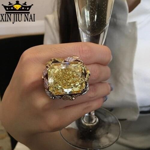 Luxury Male Female Princess Cut Big Champagne Zircon Ring Unique Style Engagement Rings For Women Double Colors Ring Jewelry