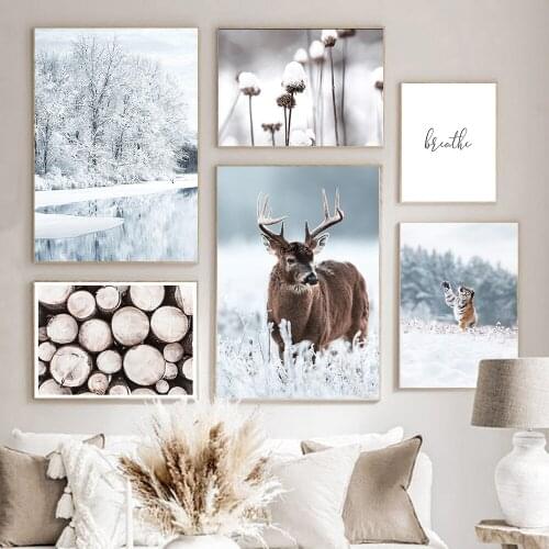 Nordic Snowing Landscape Forest Deer Tiger Poster Animal Christmas Leaves Snow Mountain Prints Painting Nature Picture Decor