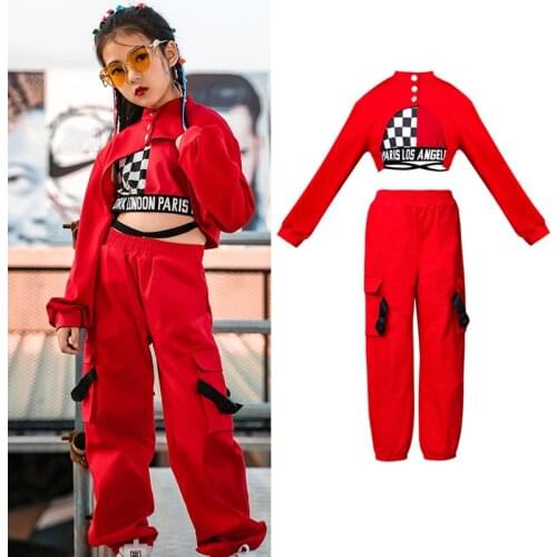 New Children Hip Hop Jazz Dance Costumes Girls Winter Long Sleeve Red Tops Pants Vest Street Dance Drum Stage Costumes DQL2918
