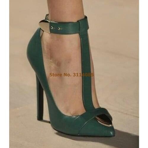 Young Ladies Green Coffee T-strap Metal Decoration Dress Pumps Stiletto Heels T-bar Pointed Toe Ankle Strap Gladiator Sshoes