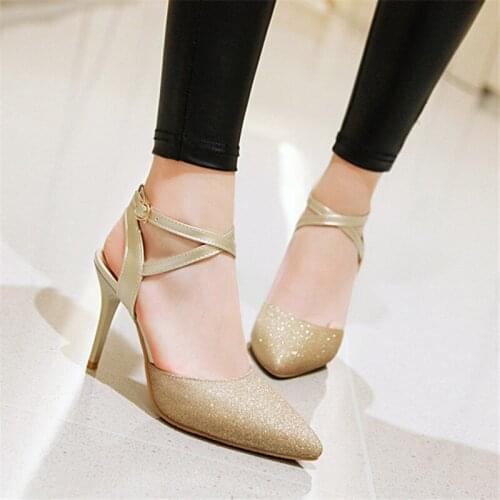 Ladies Summer Elegant Pumps Cross-tie Charming Pointed High Heels Golden Stilettos Shoes Breathable Sandals Pumps