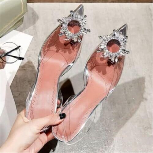 Big size 44 45 Women Pumps Elegant Pointed toe Rhinestones High heels Wedding Shoes Crystal Clear heeled Slingback Pumps Sandals