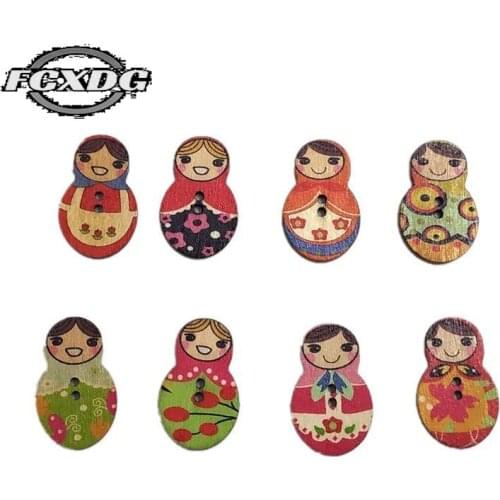 50pcs Cartoon Painting Matryoshka Theme Button Retro Wooden Decorative Buttons for Sewing Clothing Crafts Scrapbook Accessories