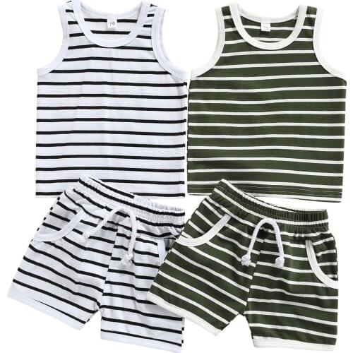 Cotton Casual Summer Newborn Baby Boys Outfits Suit Cotton Sleeveless Stripe Printed Tops+Shorts 2Pcs Kids Tracksuits