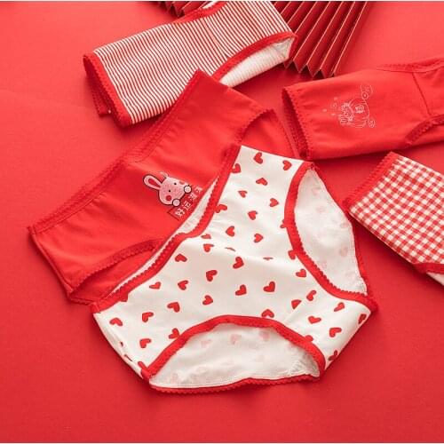 Red Seamless Cotton Panties Women Lingerie Comfort Briefs Underwear Set Sweet Print Young Girl Wid Waist Lattice Underpants New