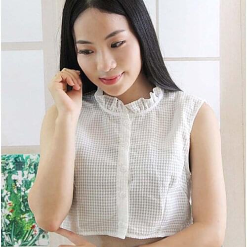 Gentle Lady Style Small Plaid Fake Tie White/ Black Pleated Stand Collar Detachable Lapel Shirt Womens Clothing Accessories