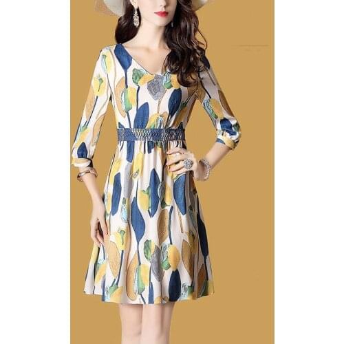 2018 Early Autumn New Pattern European Will Code Waist To Show Thin Fashion Printing Seven Part Sleeve V Lead Dress Woman