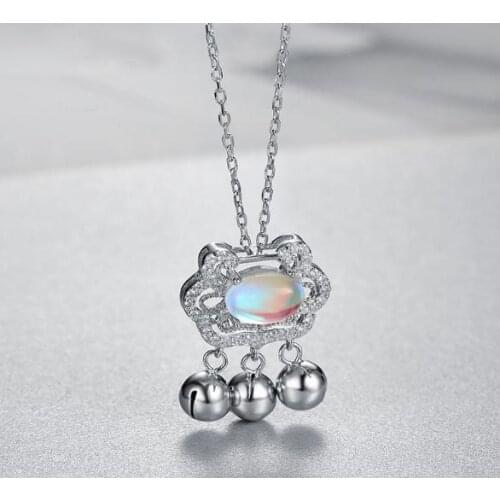 New S925 Silver Long Lock Moonstone Necklace Female Fashion Joker Peace Luck Bell Pendant Accessories Jewelry Girl Women Gift